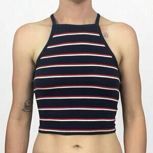 Divided Navy Blue  & Red Striped Cropped Tank Top